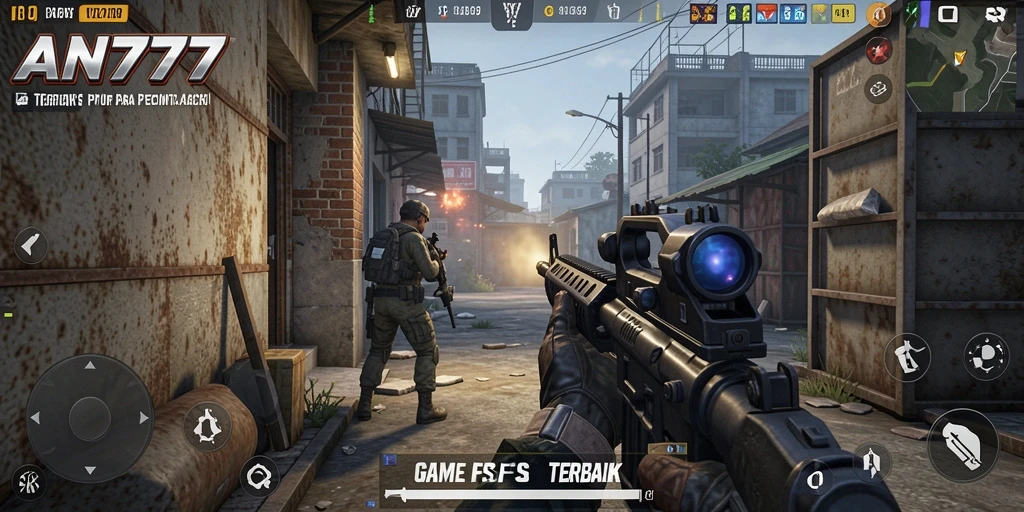 Screenshot gameplay AN777 menunjukkan aksi tembak-menembak yang seru di medan perang.